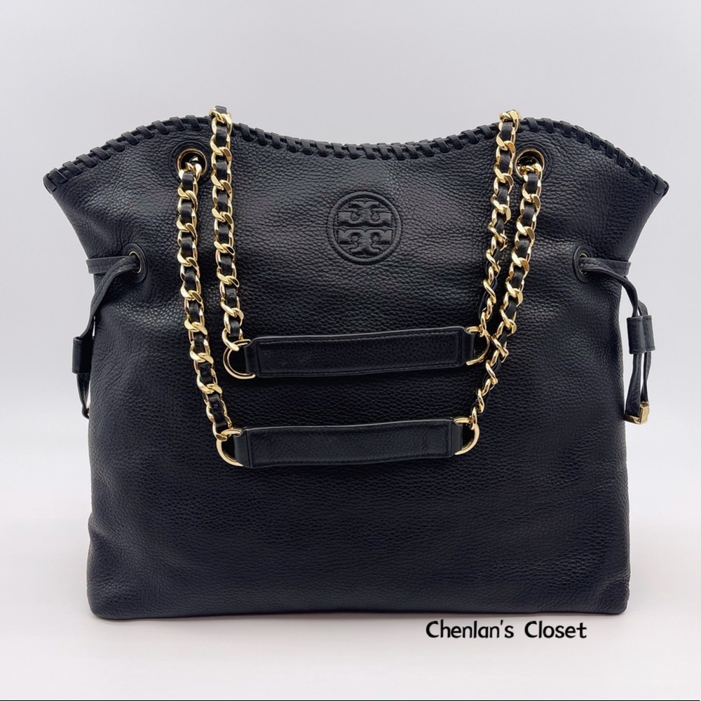 Tory Burch Black Marion Slouchy Shoulder Bag Purse with Gold Chain - Picture 1 of 14